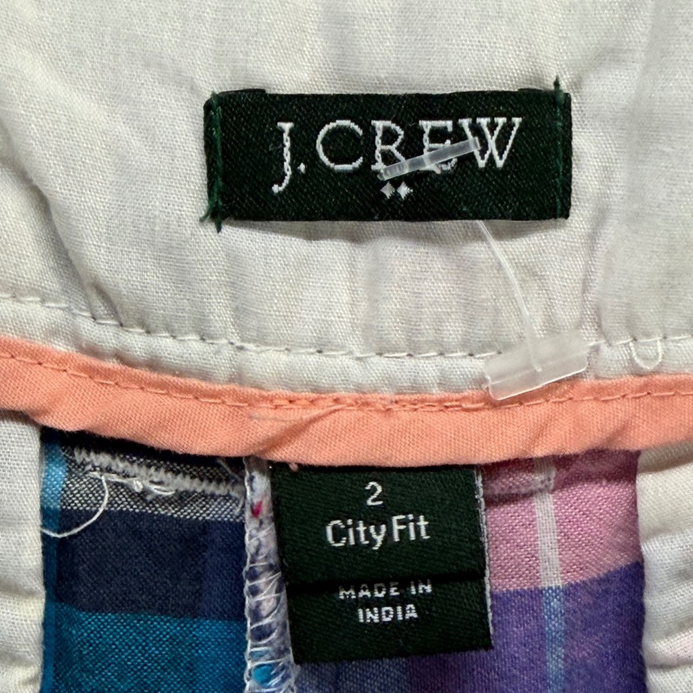 J Crew City Fit Patchwork Madras Shorts Womens 2 Blue Green Plaid Casual Chic - Picture 9 of 12